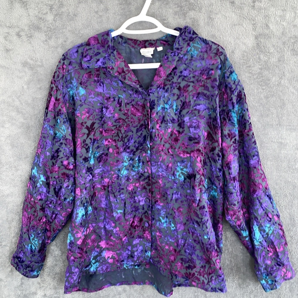 Vintage Velvet Burnout Size Large Button Up Shirt Jewel Tones Whimsy Goth